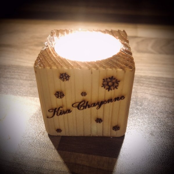 Teelichthalter Holz, mit eigenem Namen oder Text, 2x Tee, Geschenk