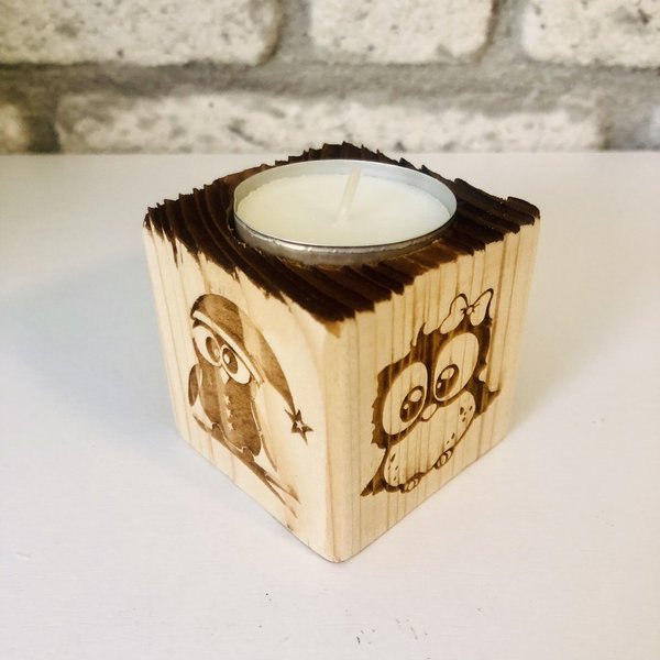 quadratischer Teelichthalter Holz, Eule, handgefertigt