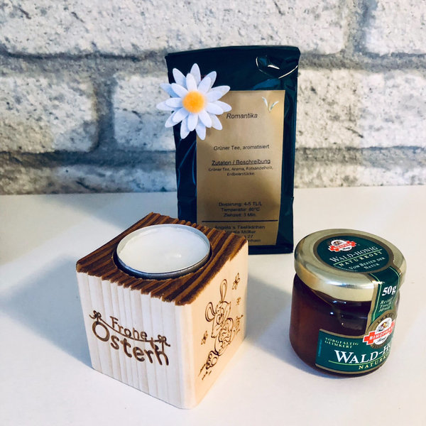 Geschenkbox Ostern, Holz Teelicht, Honig, loser Kräutertee
